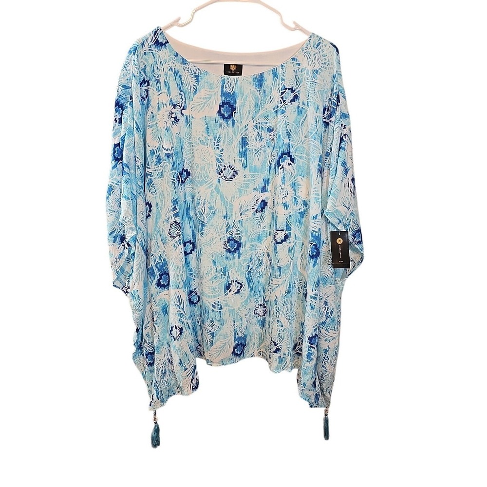JM Collection Size 2X Tunic Top fully lined blue white tassels poncho style New